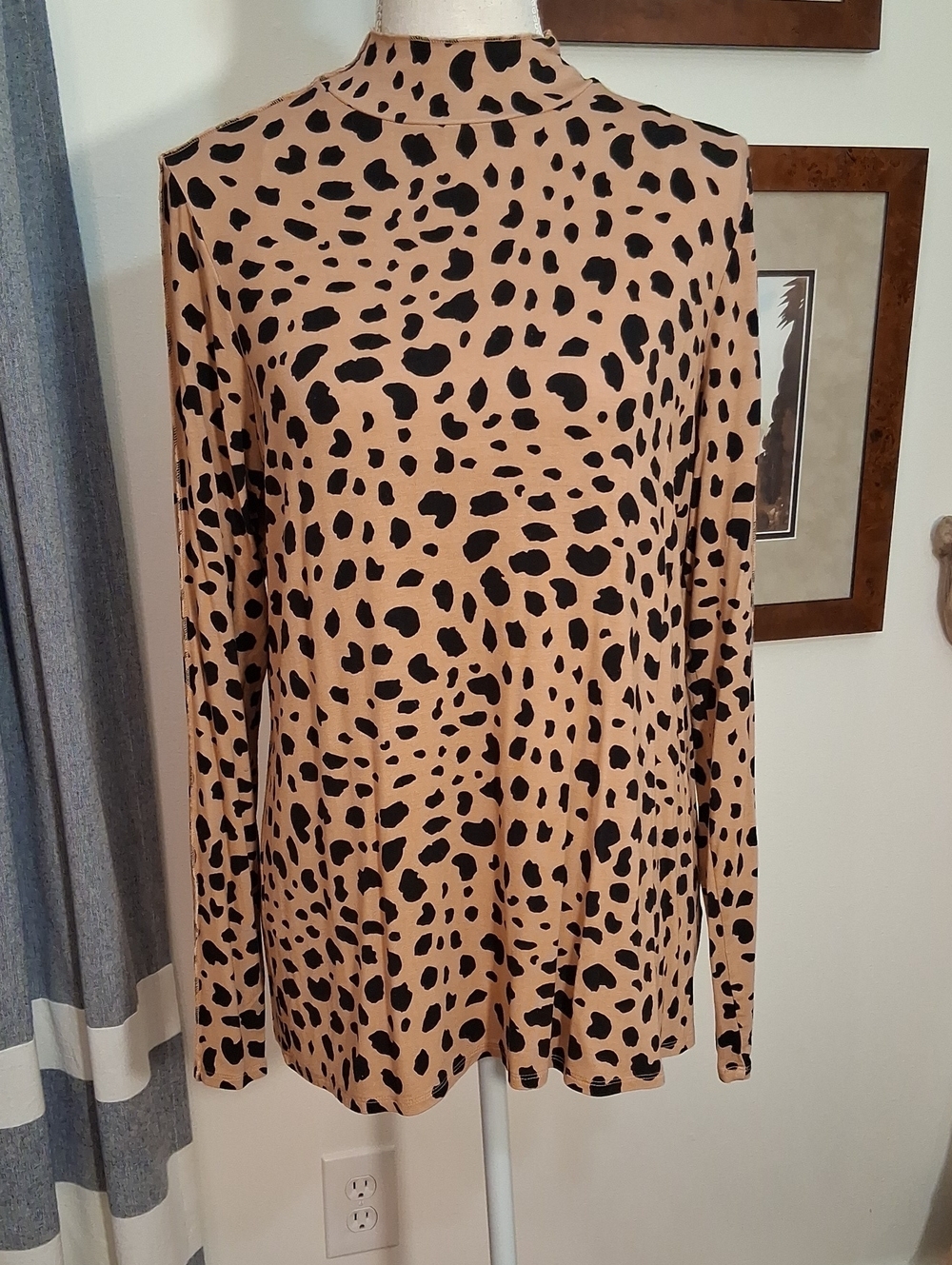 Laurie Felt Tan and Black Leopard-Print Mock Neck Long Sleeve Top